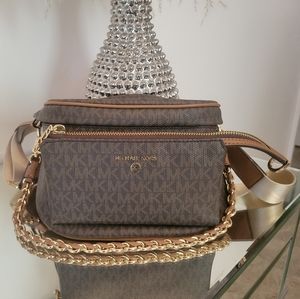 Michael Kors Slater Medium Logo Sling Pack color Brown Acorn